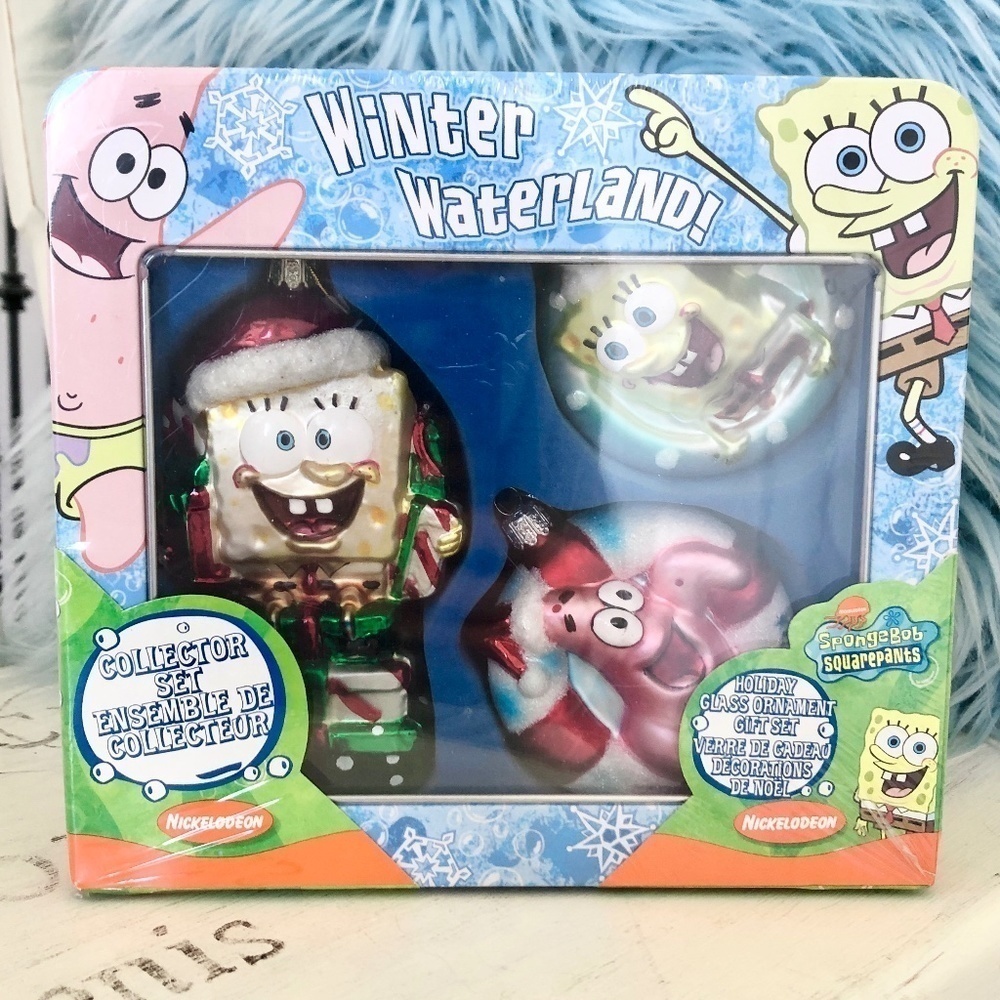 Sponge Bob, Vintage 2004, Set of 3, Glass Christmas Ornament In, Collectable Tin